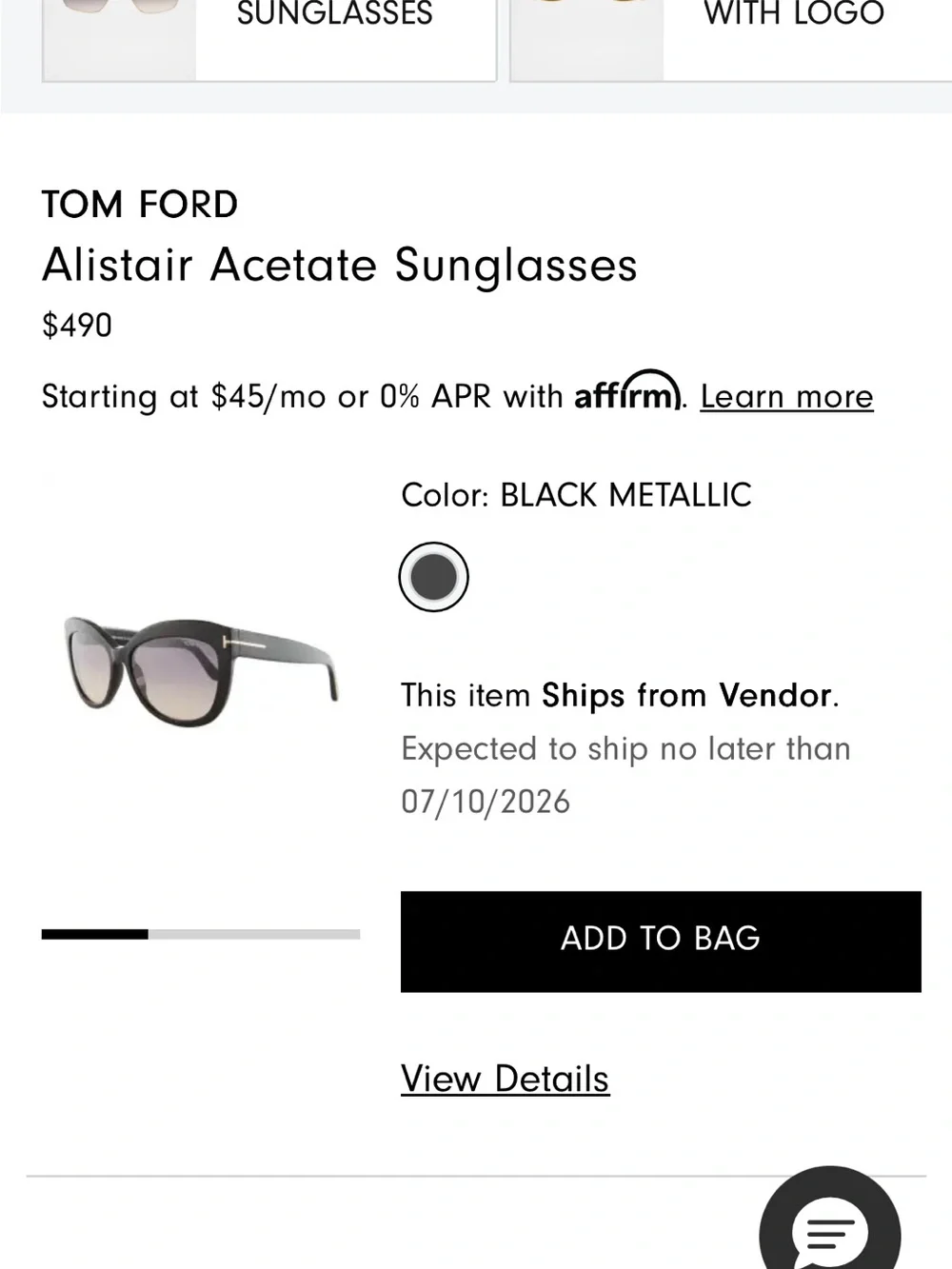 Tom Ford Black Alistair Women's Cat-Eye Sunglasses with Dark Lenses